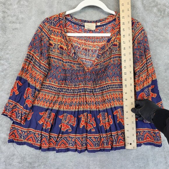 Anthropologie Shirt Womens Large Blue Orange Elephant Print Boho Peasant Top - Picture 4 of 11